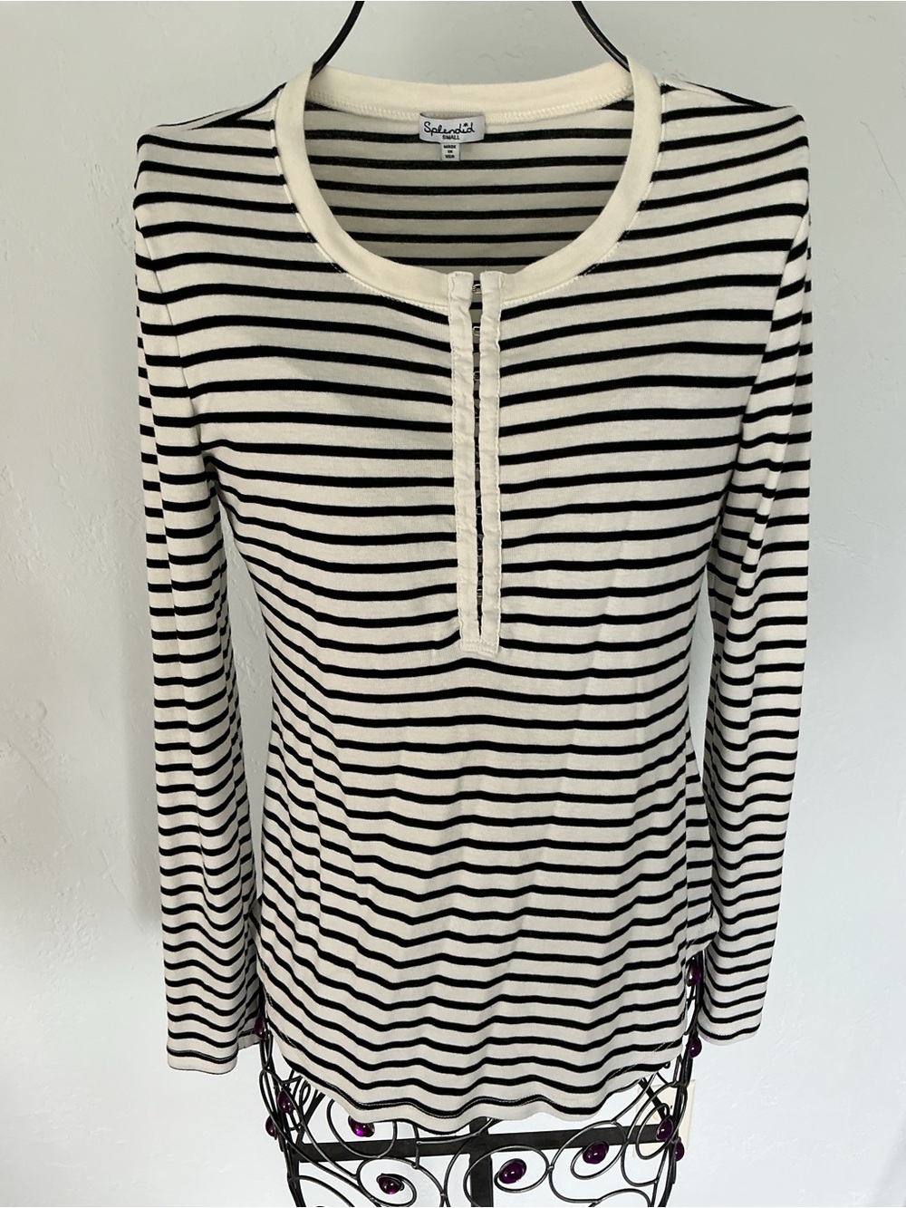 Splendid Black and Cream Striped Long-Sleeve Henley Top